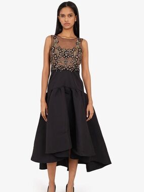 Marchesa Notte - Black Embellished Illusion Bodice High-Low Dress